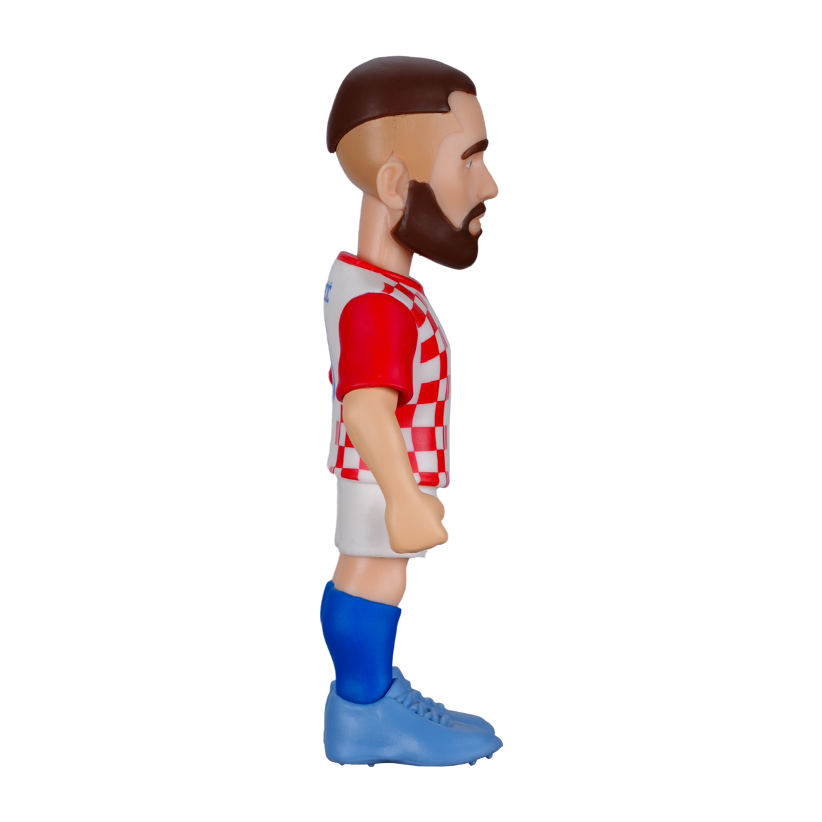 Minix Mateo Kovačić Croatia figurine with brown hair and beard, red-and-white checkerboard jersey, white shorts and blue boots
