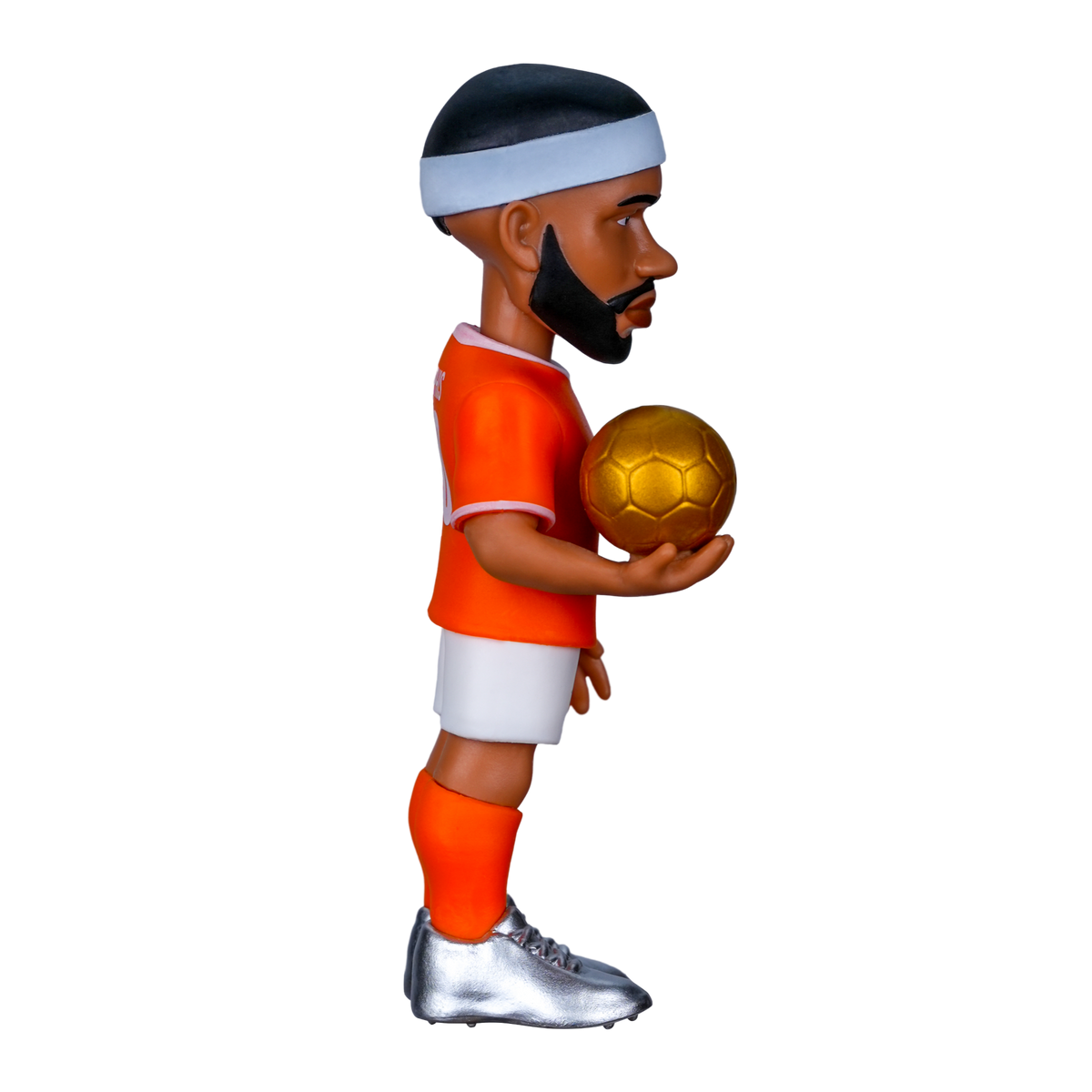 Minix Memphis Depay collectible figurine in an orange Netherlands kit, with tattoos, headband, beard, and a gold football