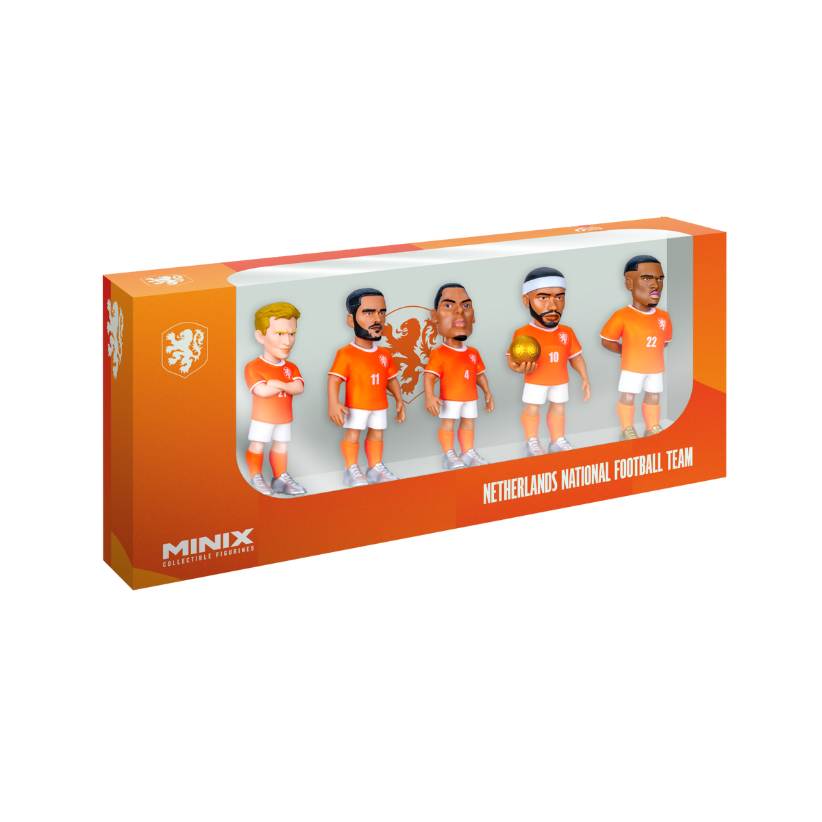 Minix Netherlands 5-Pack collectible football figurines in orange and white kits, displayed in an orange window box