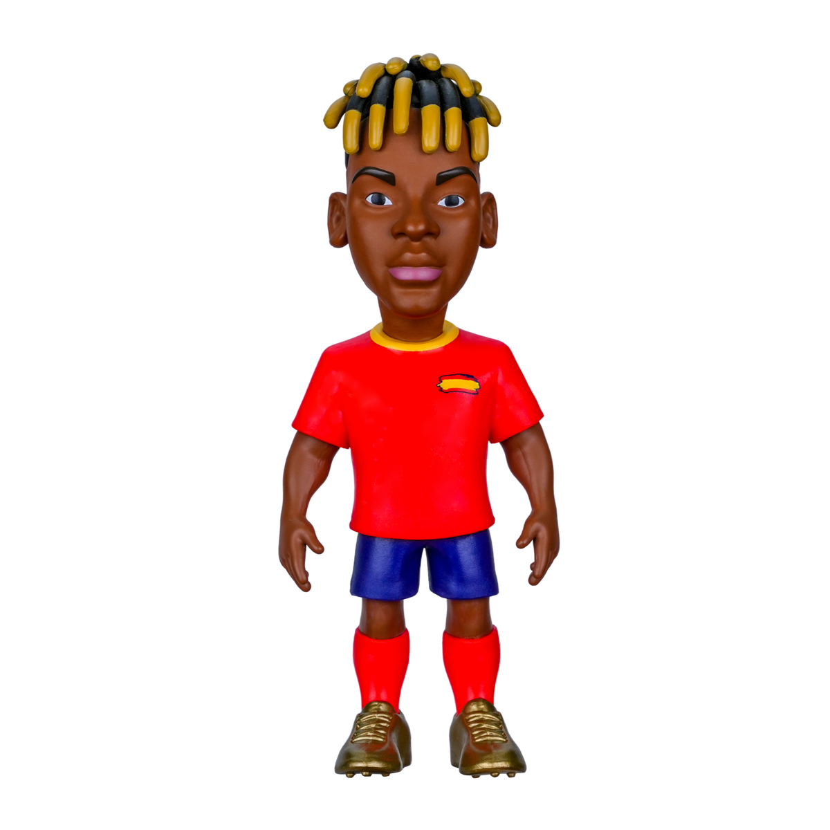 Minix Nico Williams football figurine with dark skin, yellow-tipped braided hair, red Spain shirt, blue shorts and red socks