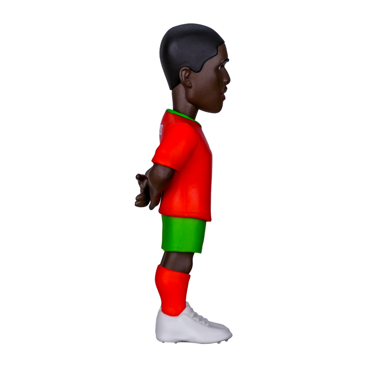 Minix Nuno Mendes figurine wearing a red Portugal shirt, green shorts and socks, with white boots