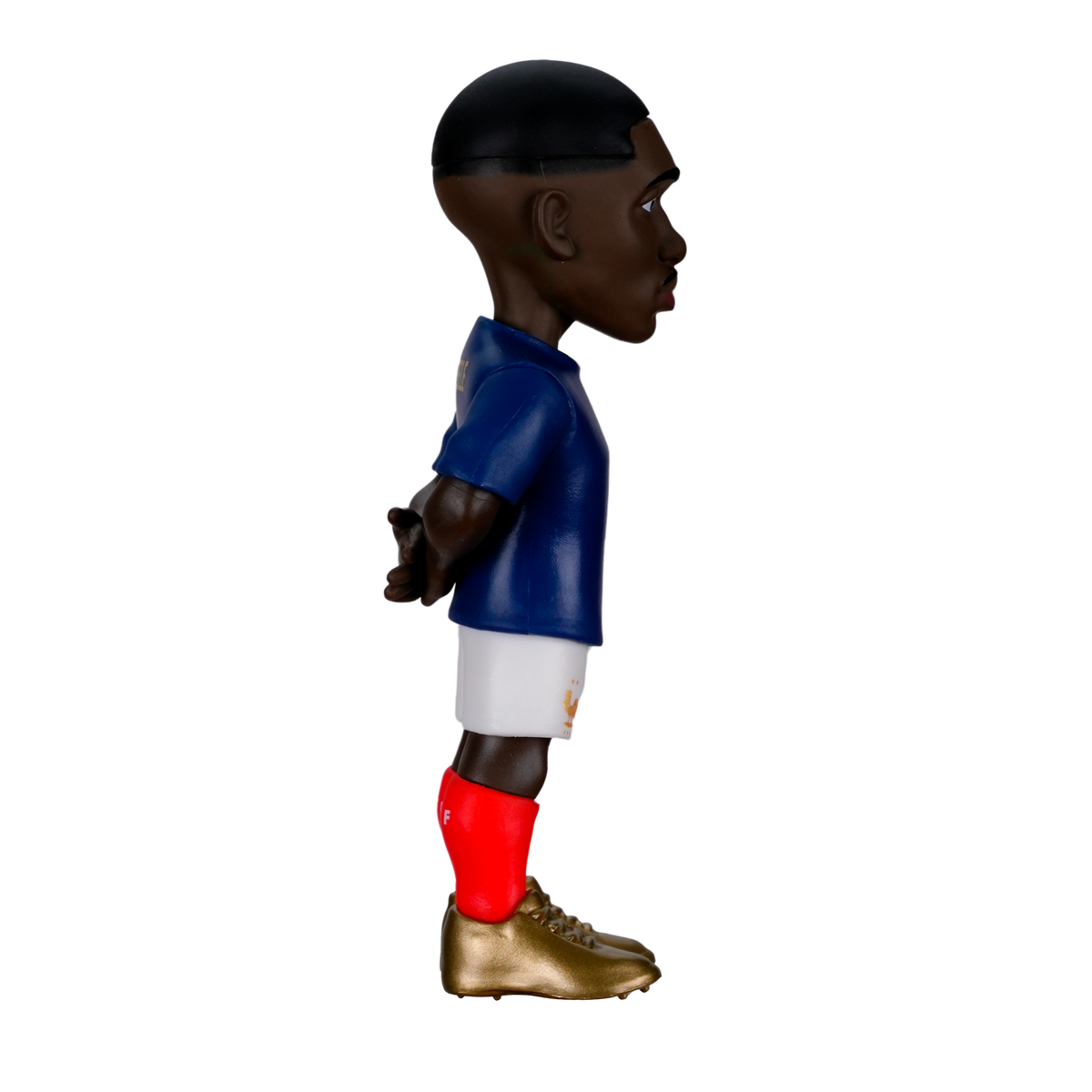 Minix Ousmane Dembélé figurine with a dark blue shirt, white shorts, bright red socks, and gold boots