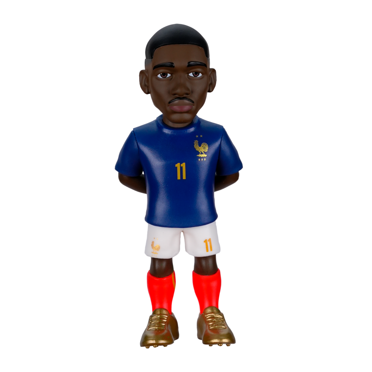 Minix Ousmane Dembélé France figurine in a blue jersey, white shorts, red socks and gold boots