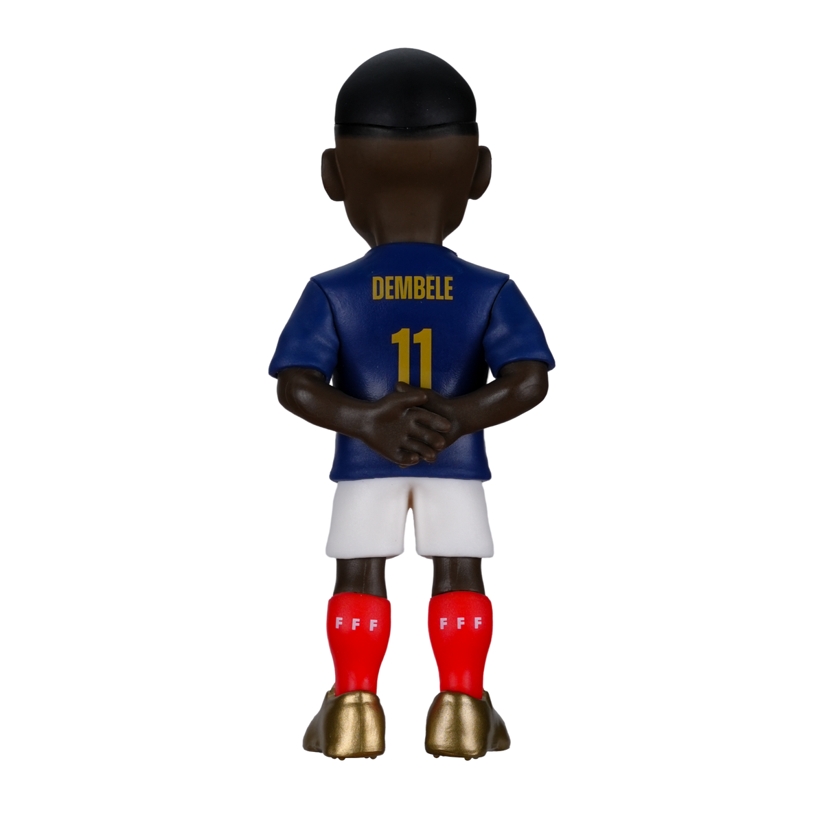 Minix Ousmane Dembélé France figurine shown from behind in a blue number 11 shirt, white shorts, red socks and gold boots