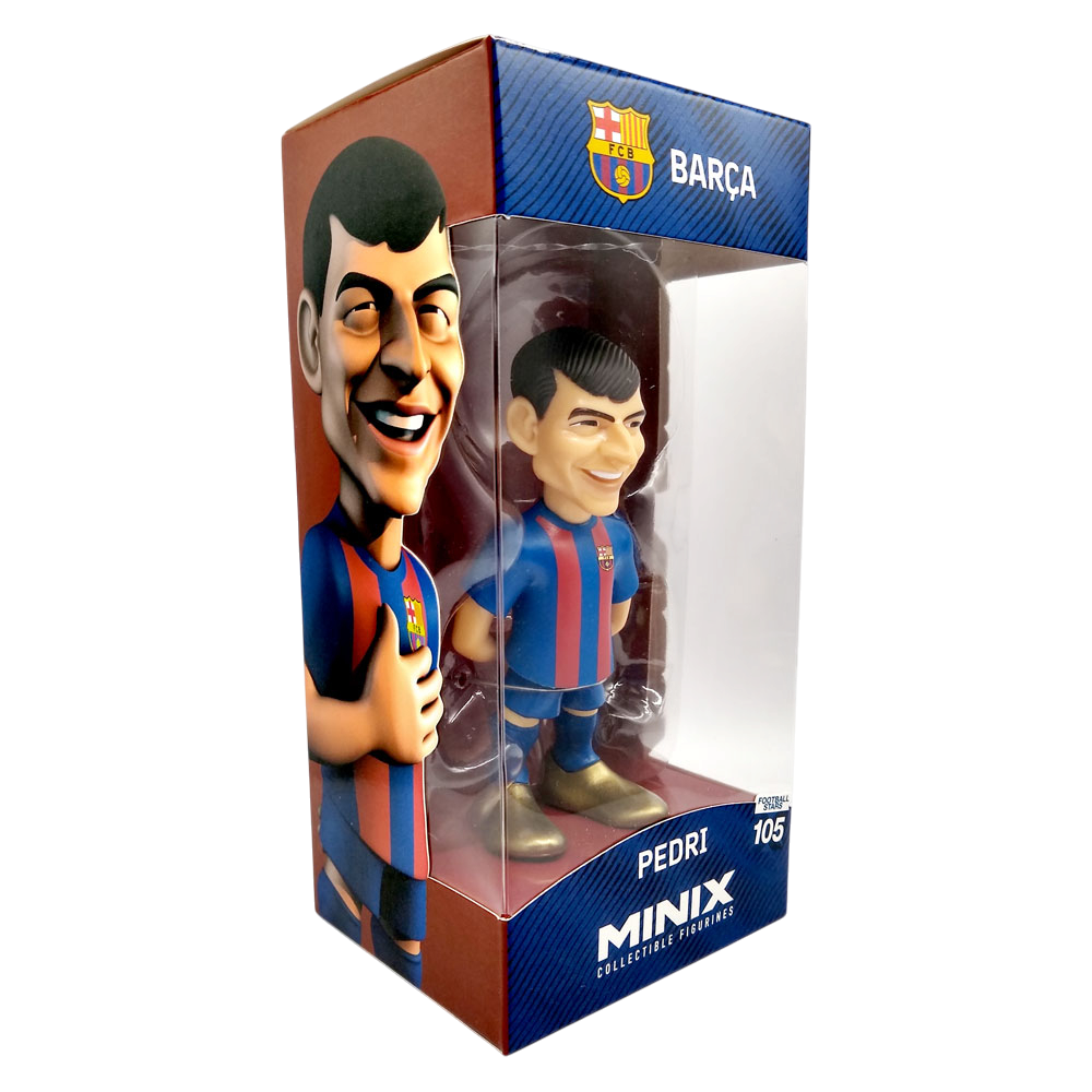 Minix Pedri FC Barcelona figurine in a red and blue striped kit, displayed in a clear-front branded box.