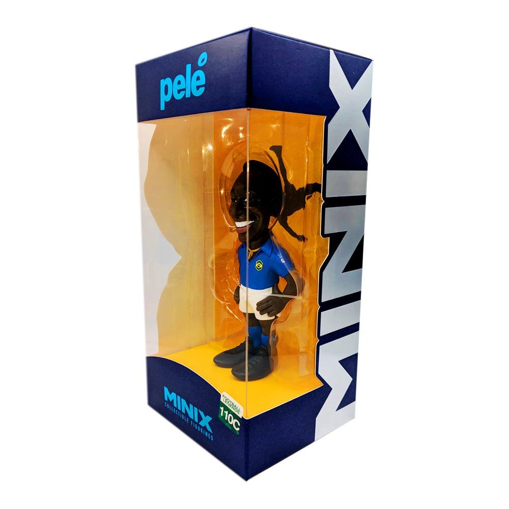 Minix Pelé Brazil figurine in a blue football kit with white shorts, displayed inside a branded MINIX box