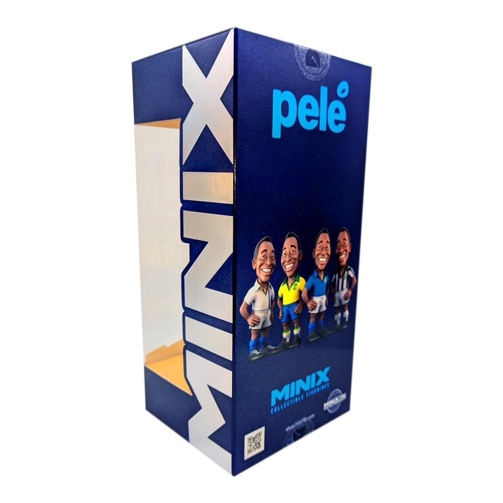 Minix Pelé Brazil Home Kit collectible figurine box in navy blue, with Pelé branding and illustrated football figures.