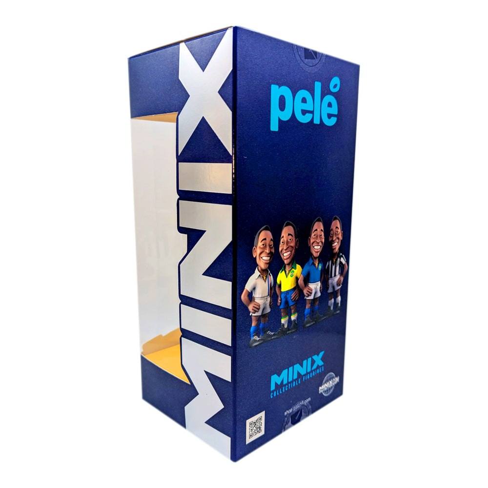 Minix Pelé Santos FC collectible in a dark blue and white display box featuring colorful football figurine artwork and MINIX branding