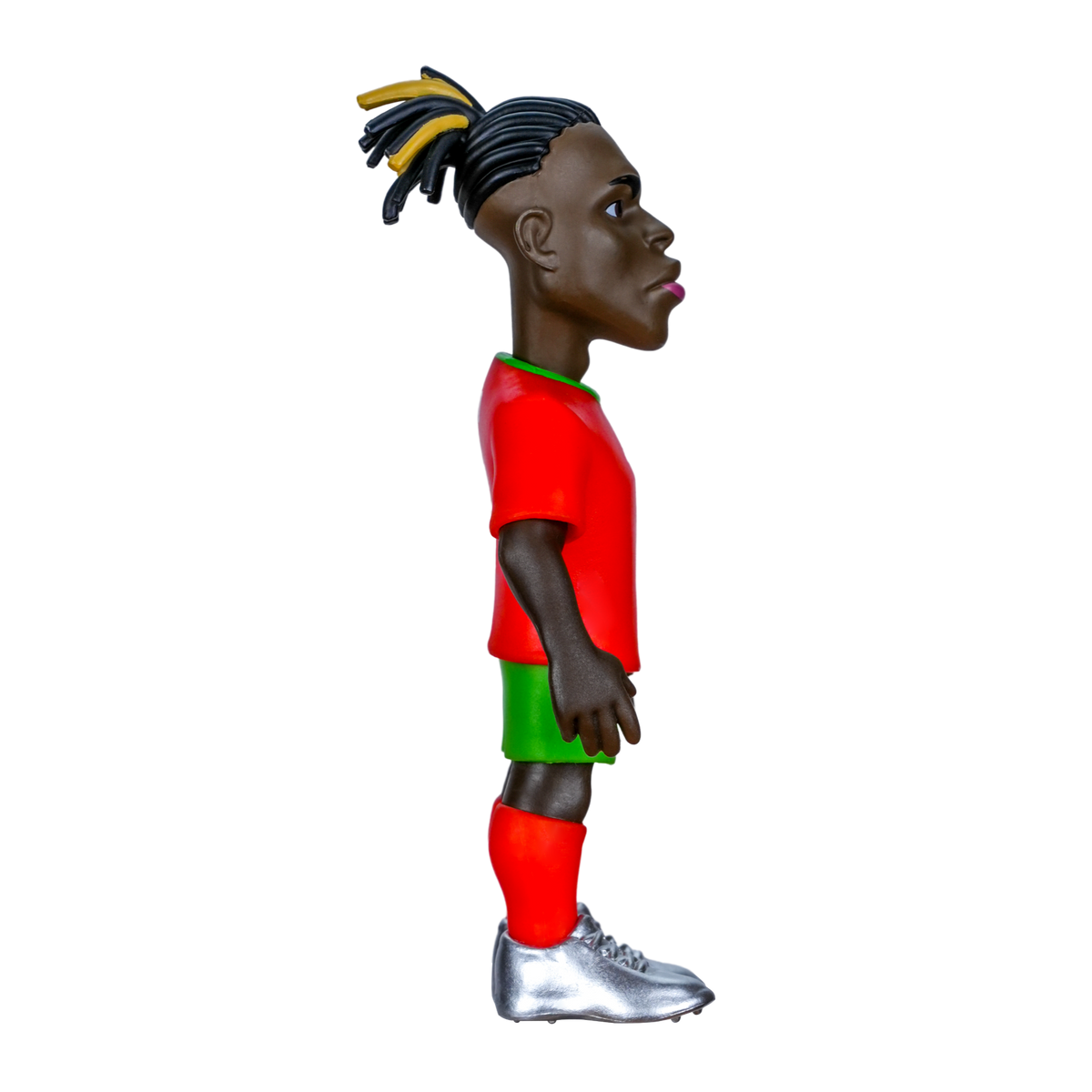 Minix Rafael Leão figurine with dark skin, tied-back black hair, a red and green Portugal kit, and silver boots