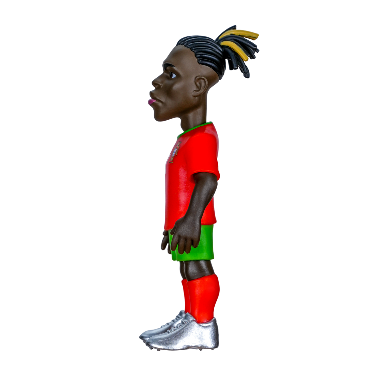 Minix Rafael Leão figurine with dark braided hair, wearing a red Portugal shirt, green shorts and silver boots