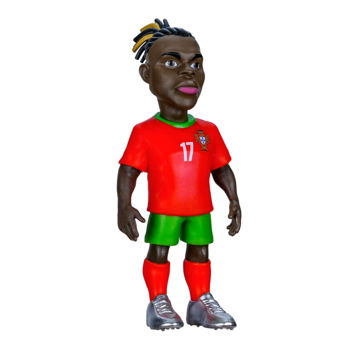 Minix Rafael Leão figurine in a red Portugal jersey, green shorts, red socks and silver boots, with braided hair
