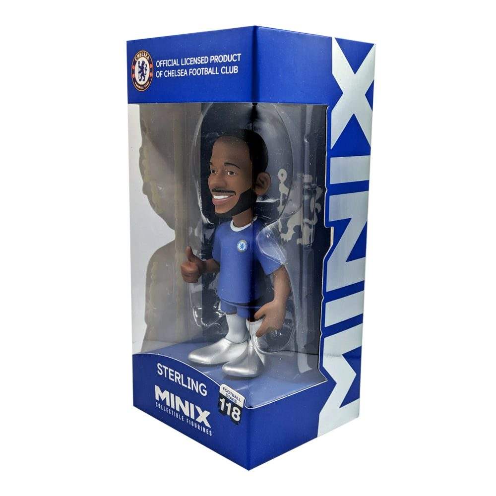 Minix Raheem Sterling Chelsea figurine with dark skin, blue football kit, white boots and a blue display box