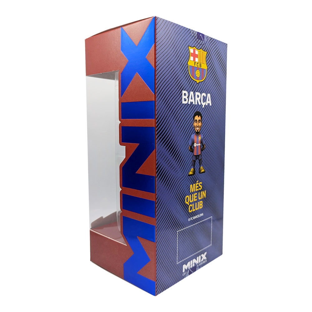 Minix Raphinha FC Barcelona collectible figurine in blue and garnet kit, displayed in a blue striped window box