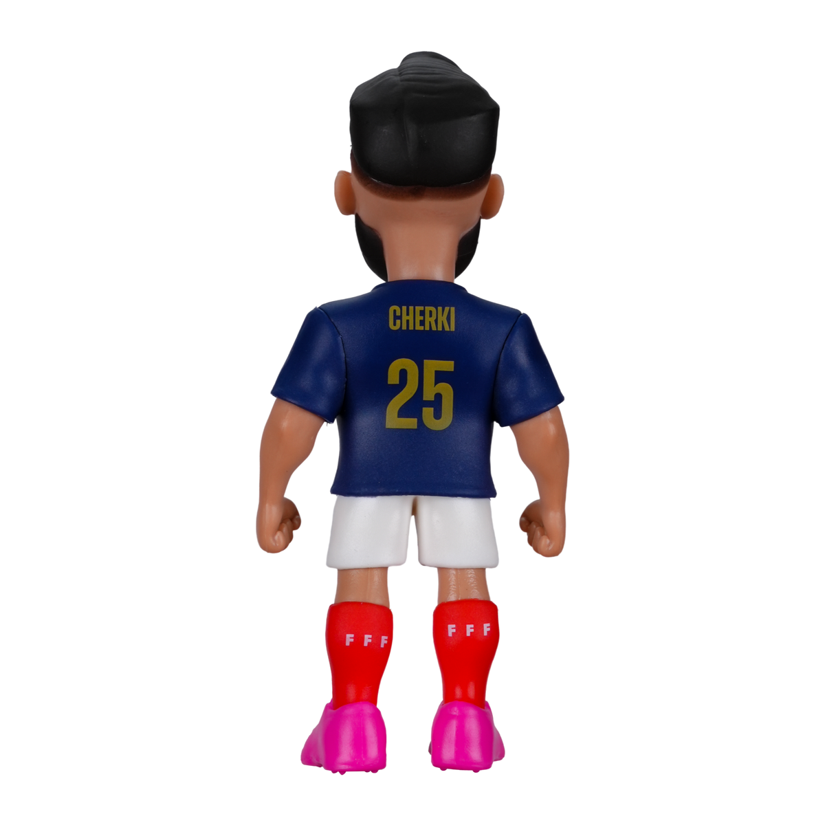 Minix Rayan Cherki figurine shown from behind in a blue France jersey numbered 25, white shorts and red socks