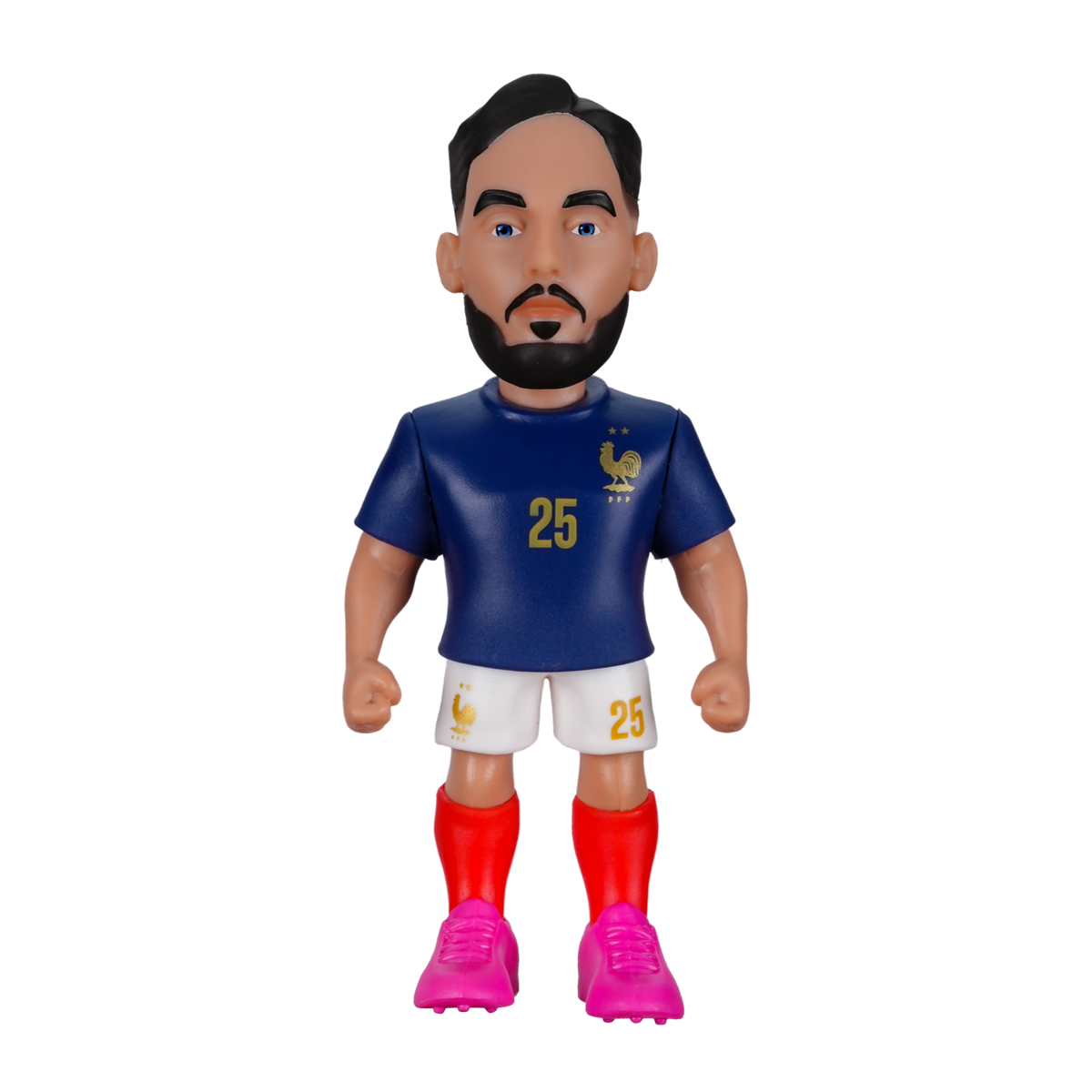 Minix Rayan Cherki France figurine wearing a navy blue number 25 jersey, white shorts, red socks and bright pink boots