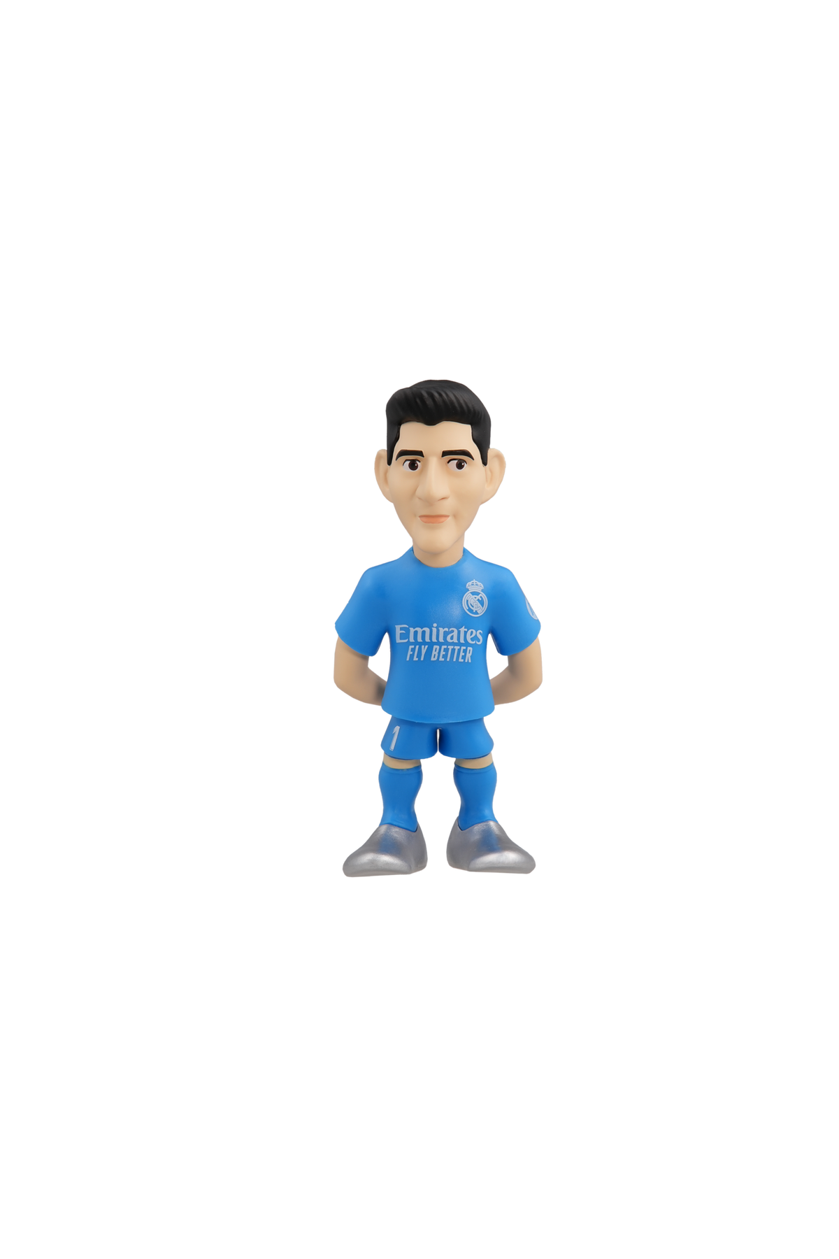 Minix Real Madrid football figurine wearing a bright blue Emirates kit, with black hair, painted facial details and silver boots