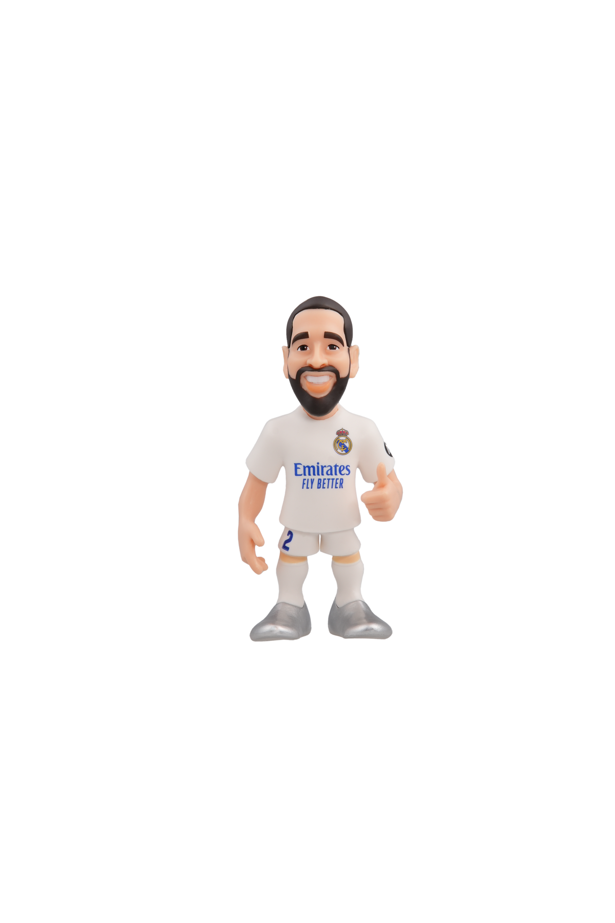 Minix Real Madrid football figurine in a white kit, with a smiling bearded player, short dark hair and oversized head
