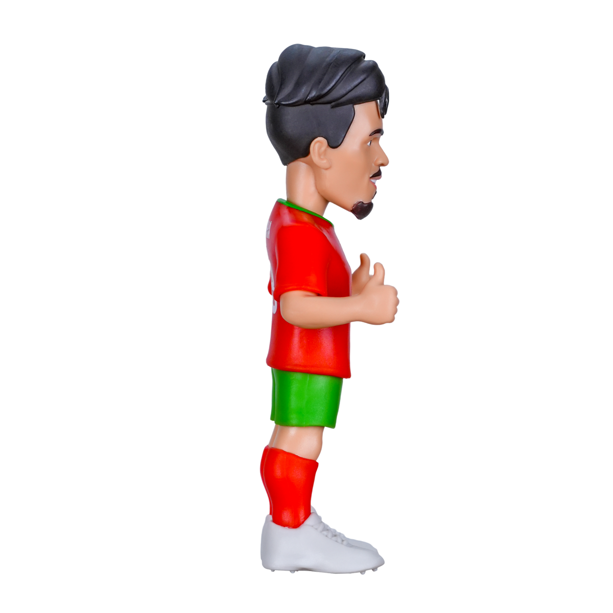 Minix Vitinha Portugal football figurine in a red shirt, green shorts and red socks, with swept dark hair and white boots