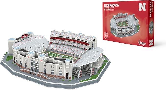 Completed Nebraska Memorial Stadium 3D puzzle displayed with retail box