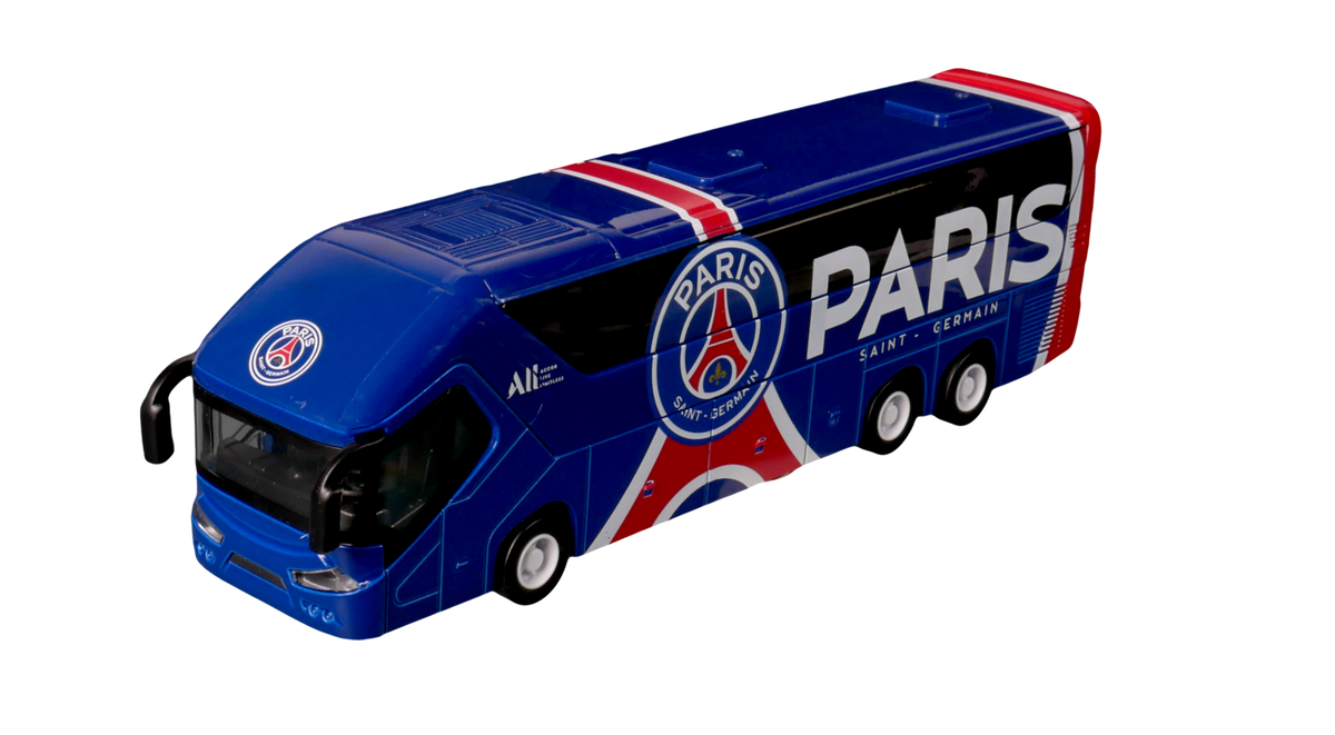 PSG Mini Team Bus in blue with red and white stripes, Paris Saint-Germain crests and lettering on a miniature coach