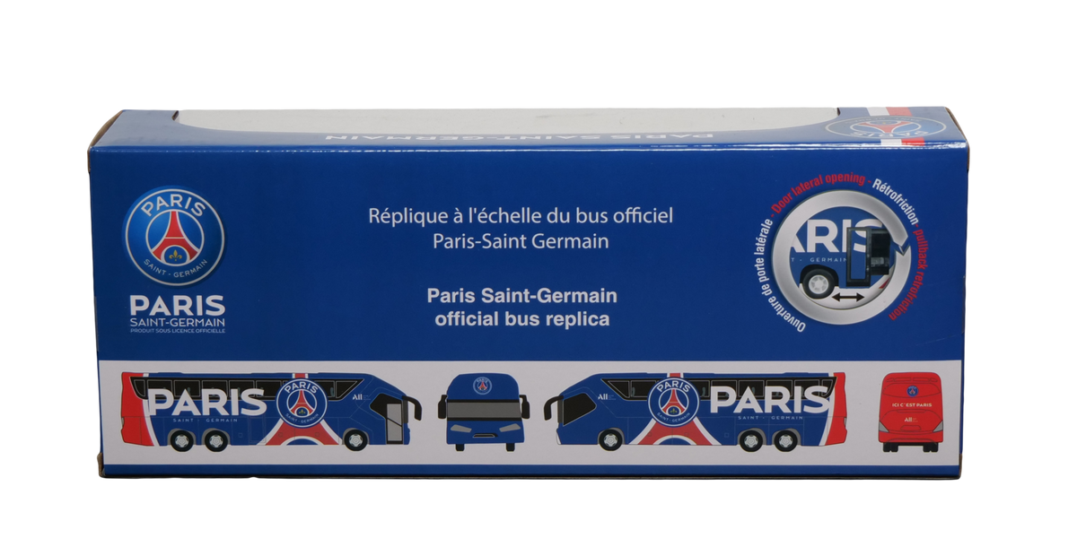 PSG Mini Team Bus collectible with blue Paris Saint-Germain branding, red accents, and a miniature coach design on the box