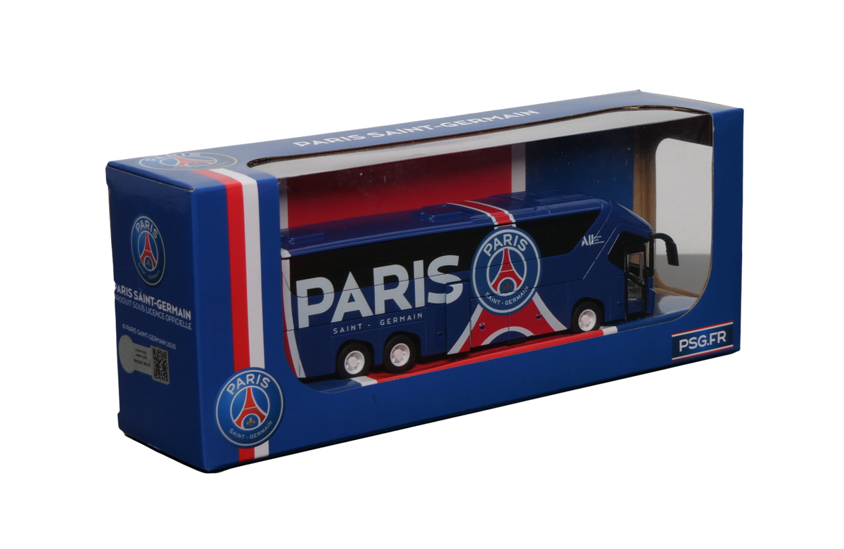 PSG Mini Team Bus miniature navy blue coach with red and white club stripes, team branding, and display box