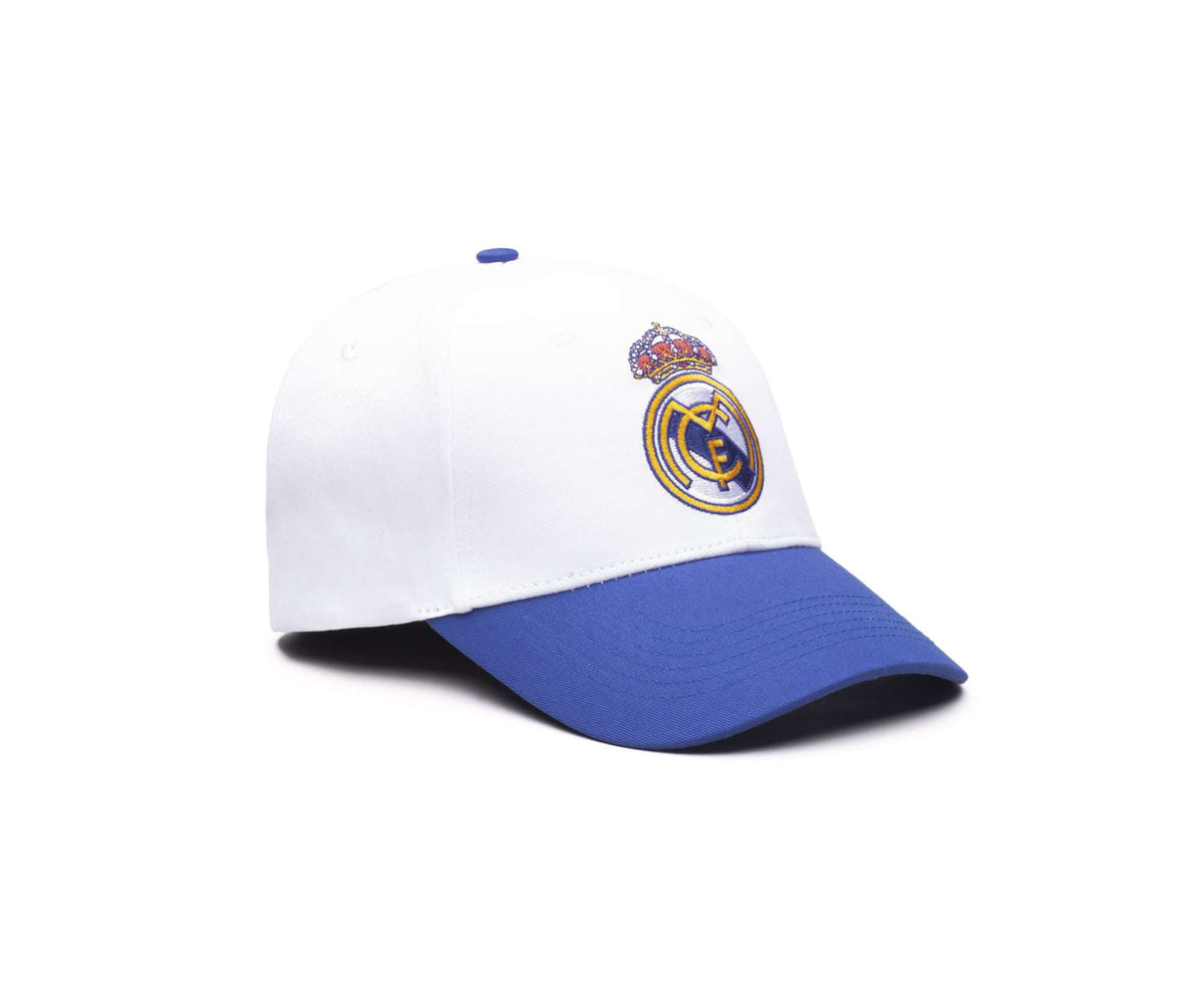 Real Madrid Two-Tone Adjustable Cap in white and royal blue with an embroidered club crest and curved blue brim