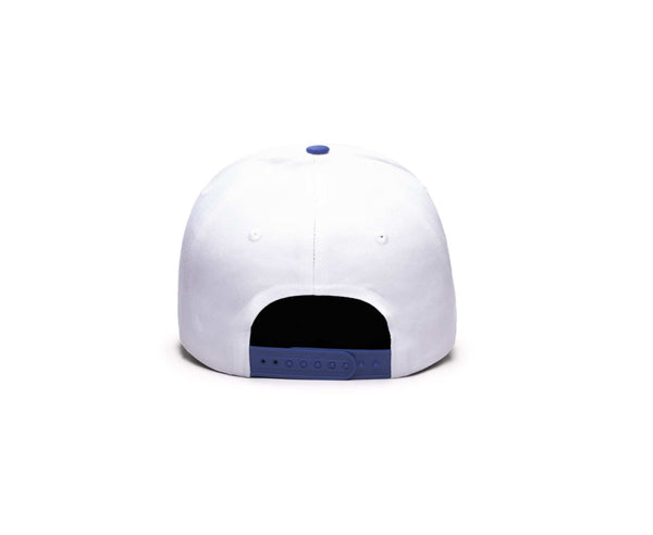 Real Madrid Two-Tone Adjustable Cap with a white back, blue top button and blue adjustable snapback strap
