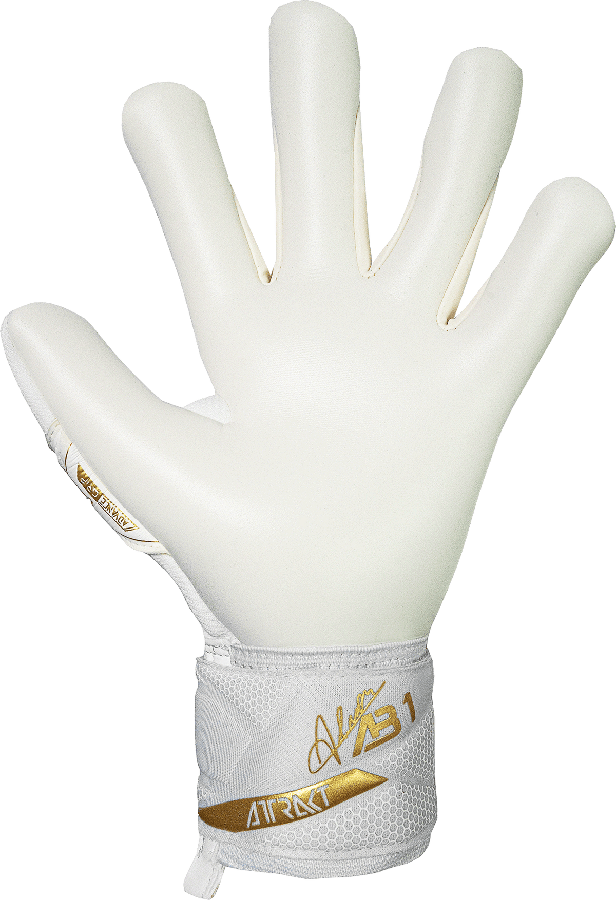 Reusch Attrakt AB1 goalkeeper glove in white latex with gold lettering and a textured white wrist cuff