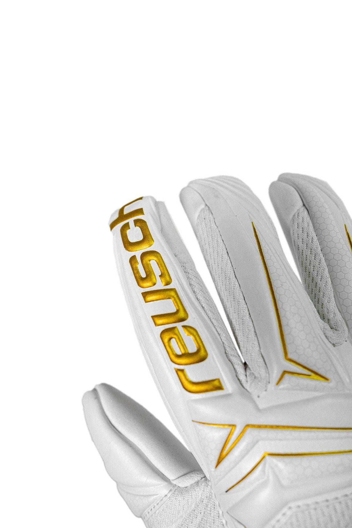 Reusch Attrakt AB1 goalkeeper glove in white with gold lettering and angular accents, textured fingers and padded backhand