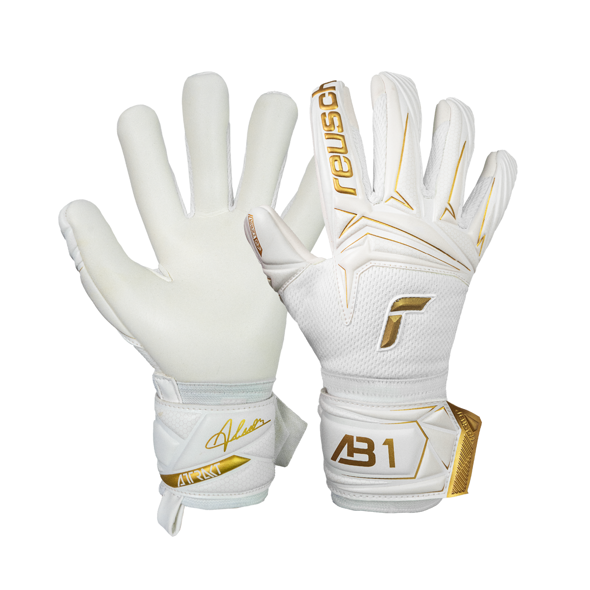 Reusch Attrakt AB1 junior goalkeeper gloves in white with gold accents, textured backhand, latex palms and wrist straps
