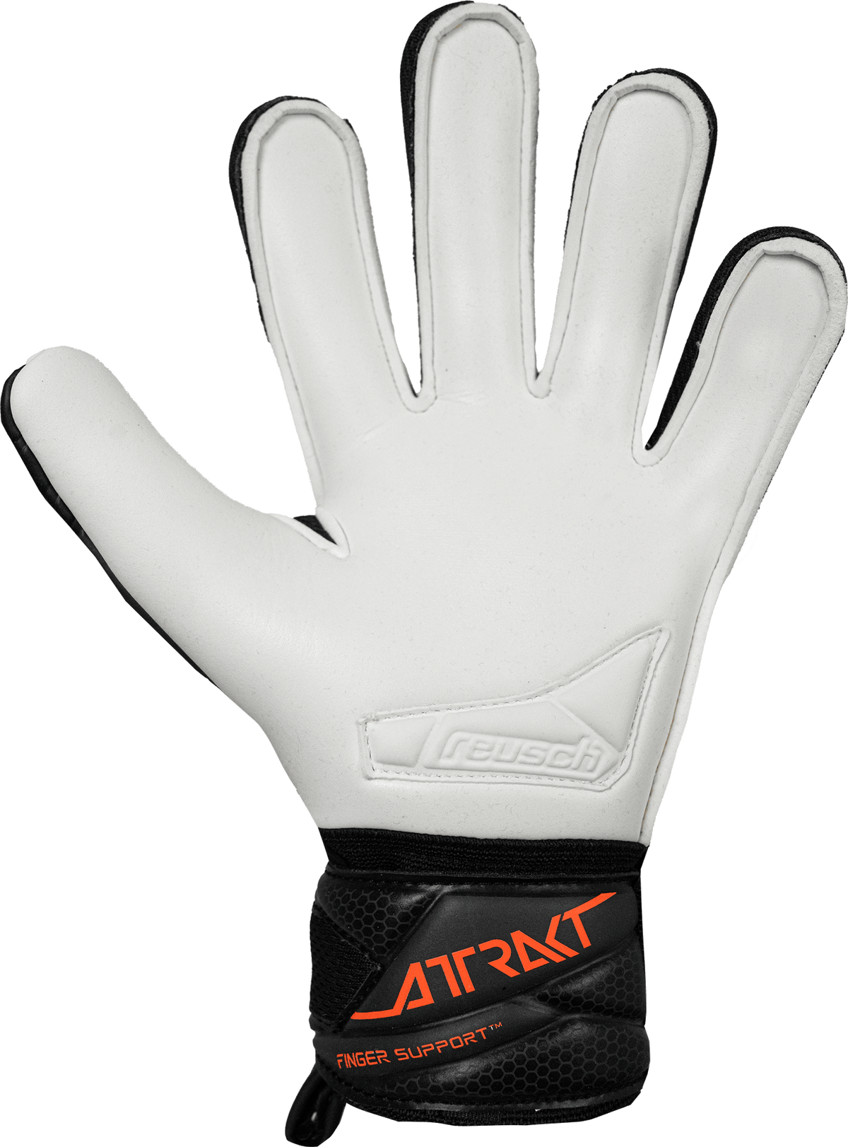 Reusch Attrakt Advance goalkeeper glove with a white palm, black wrist strap, orange lettering and finger support