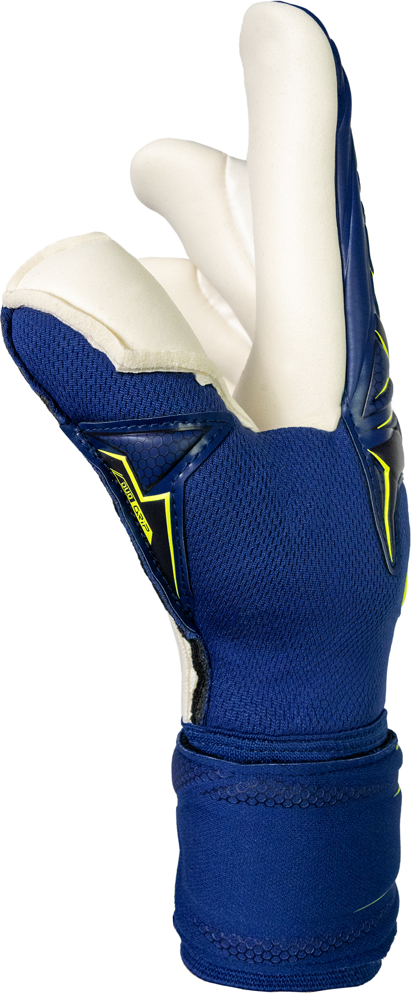 Reusch Attrakt Duo goalkeeper gloves in navy blue with white latex fingers, neon yellow accents and a textured backhand