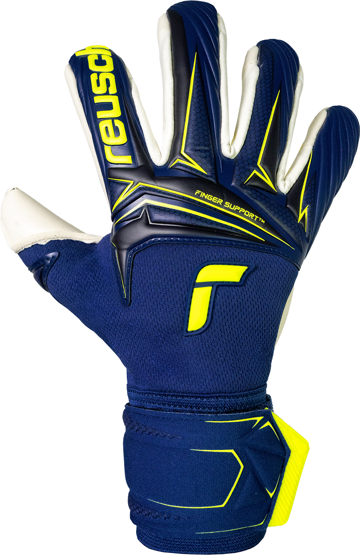 Reusch Attrakt Duo goalkeeper glove in navy blue with bright yellow accents, white finger panels and protective support details