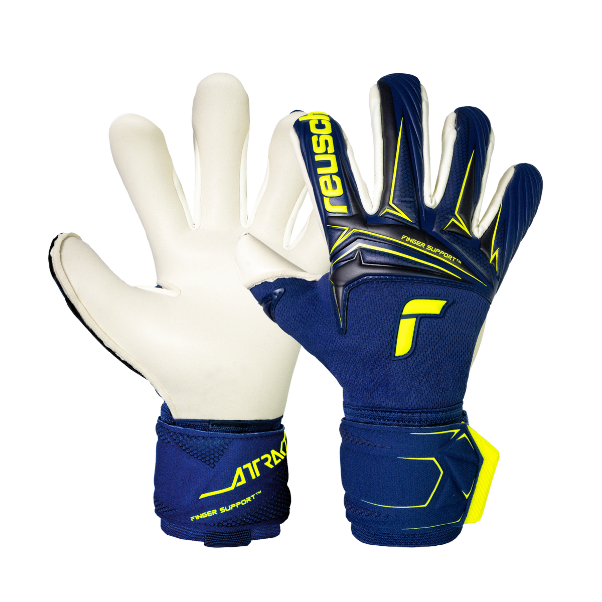 Reusch Attrakt Duo goalkeeper gloves in navy blue with bright yellow accents, white latex palms and finger support panels