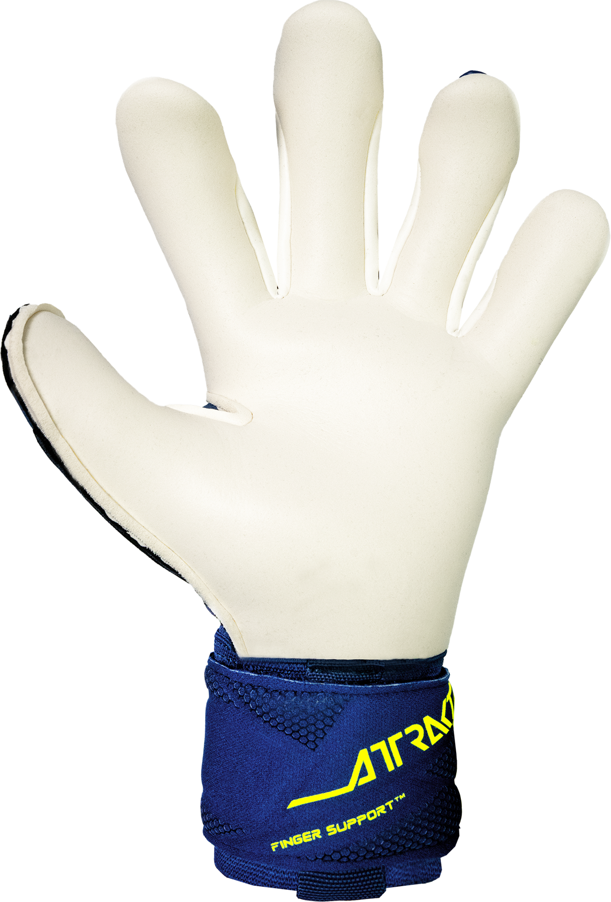 Reusch Attrakt Duo goalkeeper glove with a white latex palm and blue wrist strap featuring yellow lettering