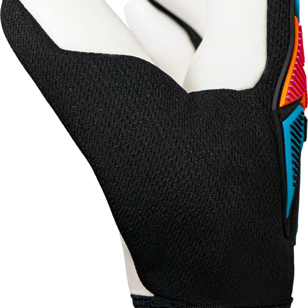 Reusch Attrakt Freegel goalkeeper glove with a black textured backhand, white fingers and bright orange and blue detailing.