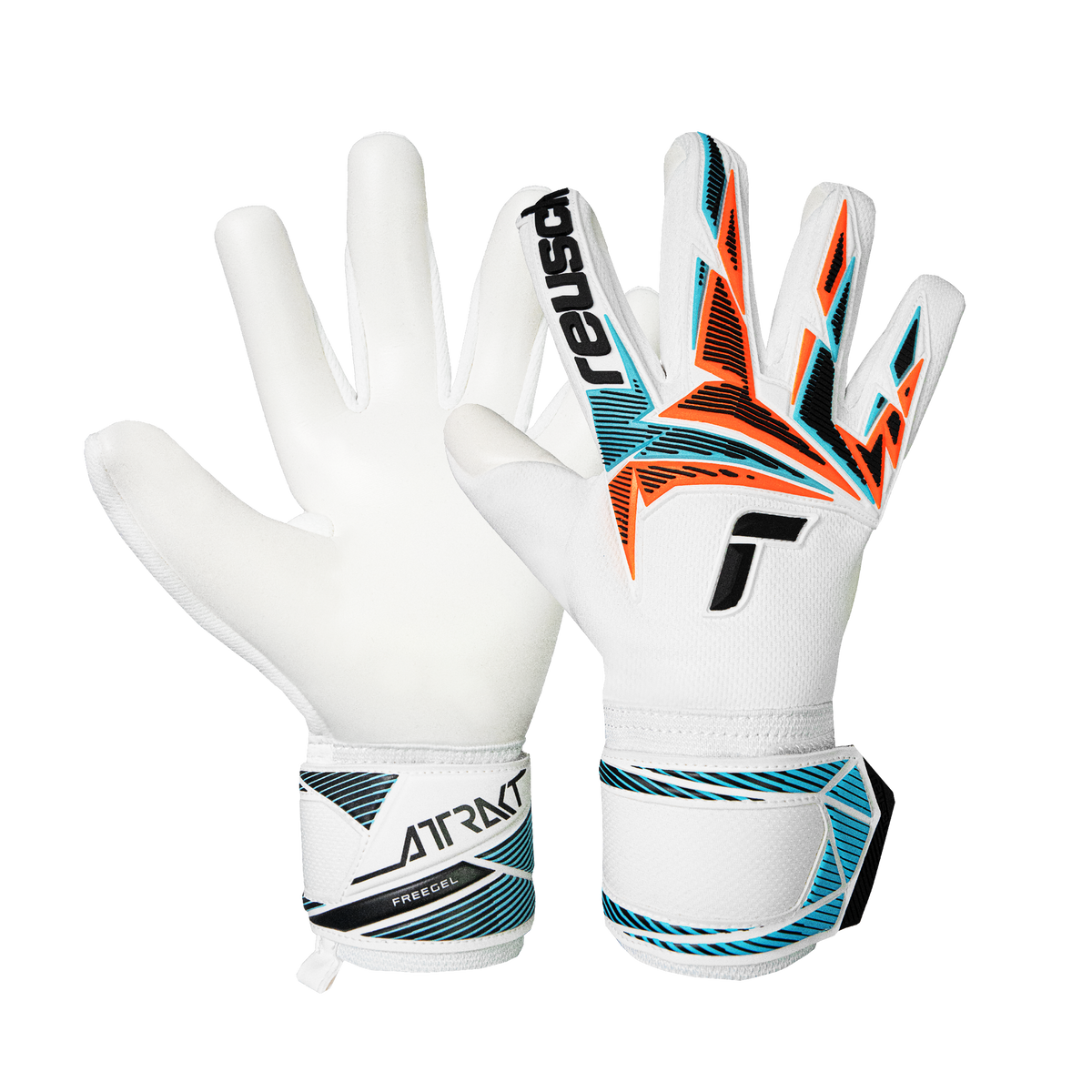 Reusch Attrakt Freegel goalkeeper gloves in white with textured latex palms, orange and teal geometric backhand graphics