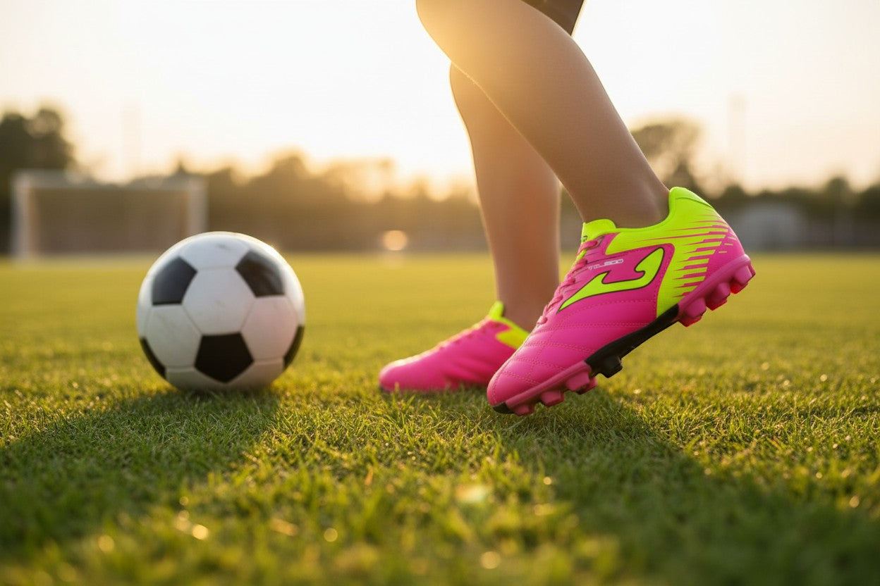 Joma Toledo junior molded soccer shoes for kids with synthetic Fibertec upper and durable rubber outsole for turf and grass.