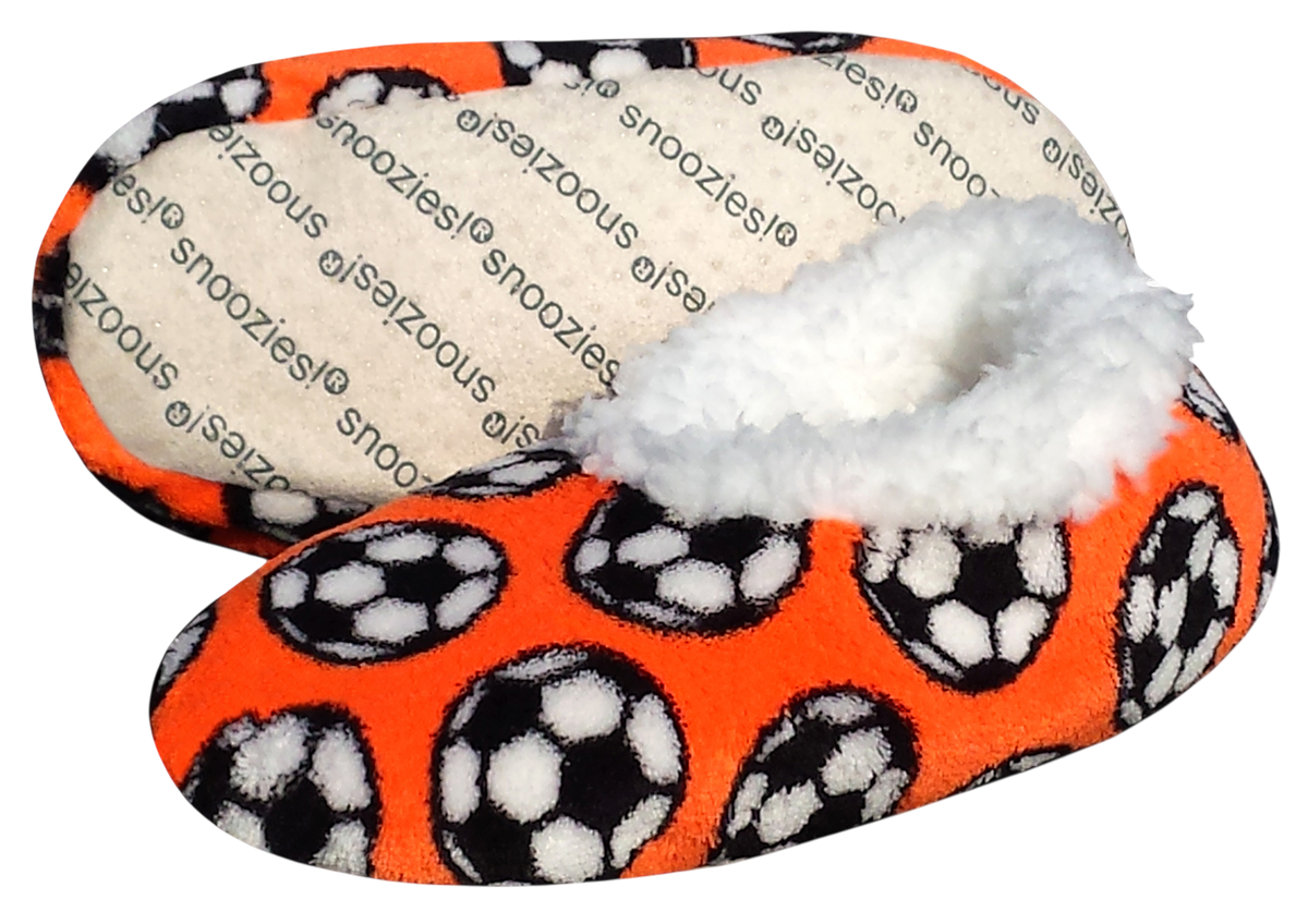 Sport Slippers in bright orange soft fabric with black-and-white soccer ball pattern and plush white lining