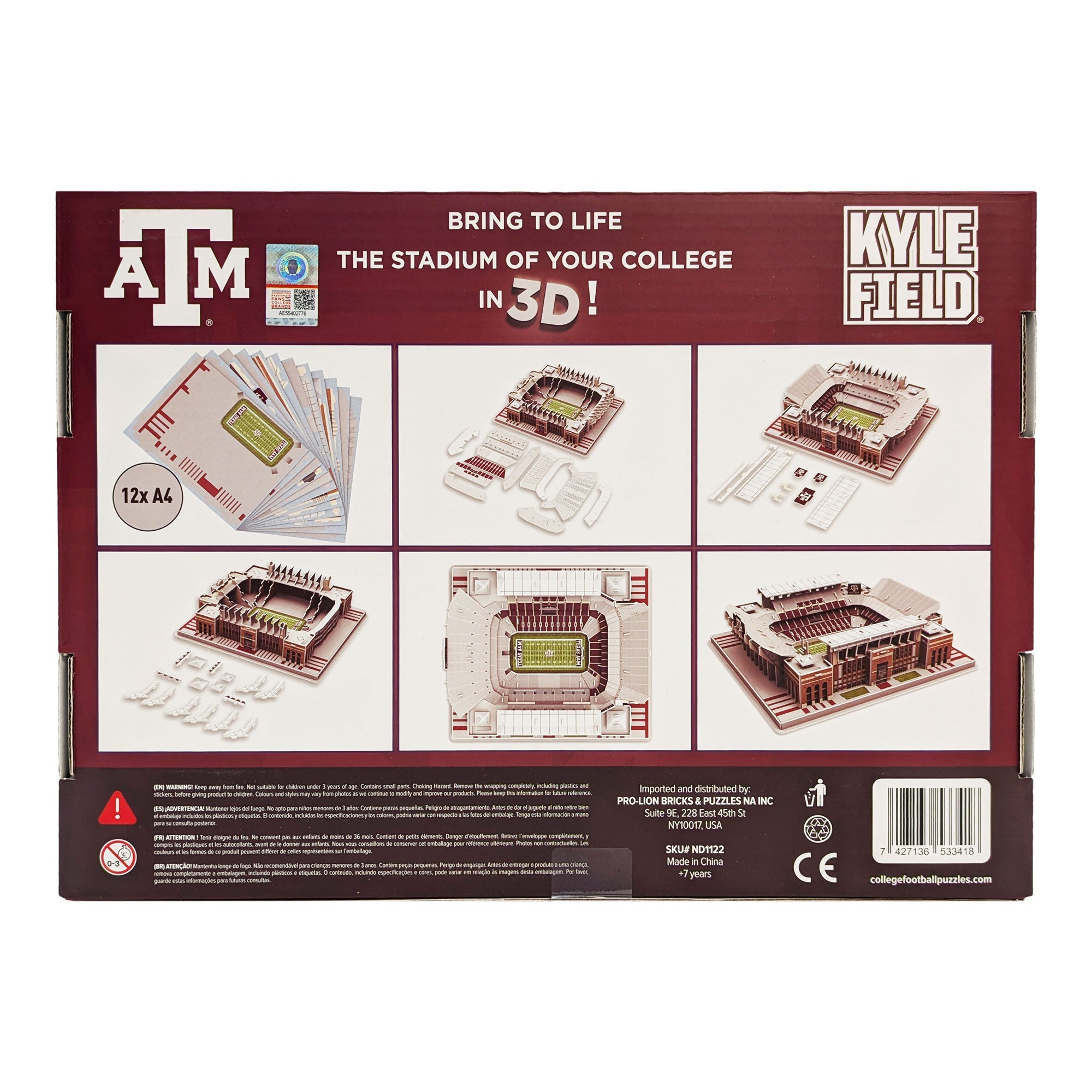 3D replica puzzle of Texas A&M Kyle Field stadium with maroon details and field signage