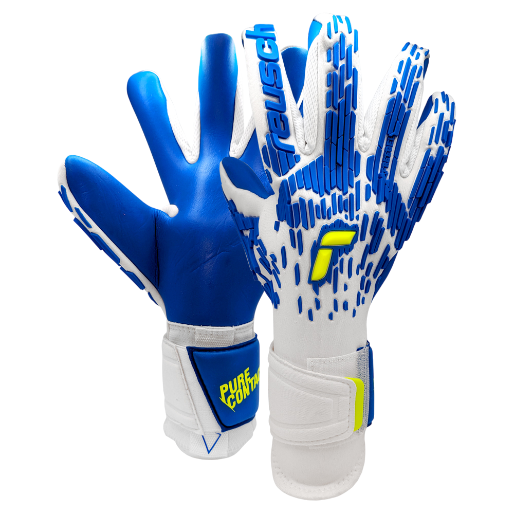 Reusch Pure Contact Freegel Duo goalkeeper gloves in blue and white with pro grip and adjustable wrist straps