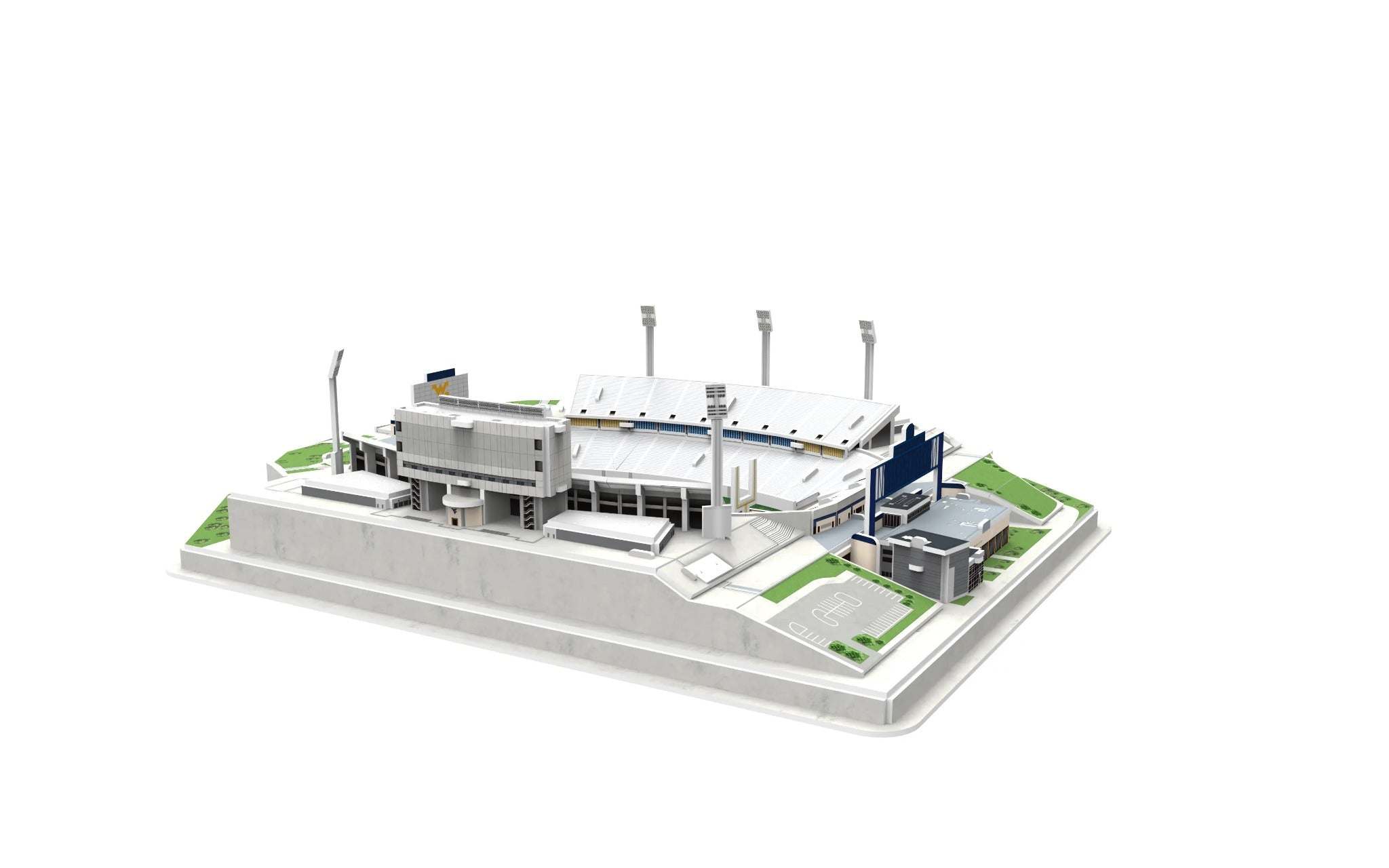 3D puzzle model of West Virginia Milan Puskar Stadium in Old Gold and Blue colors