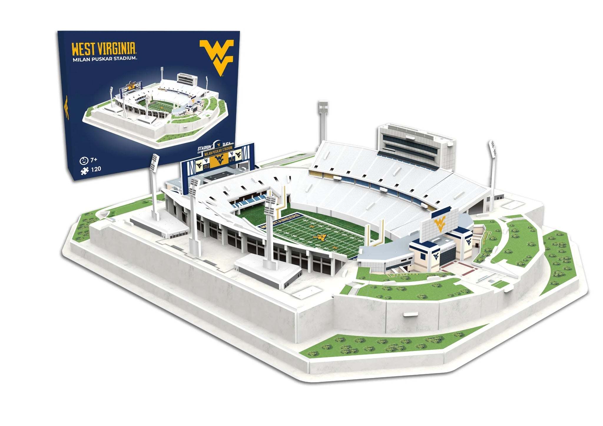 3D replica puzzle of West Virginia Milan Puskar Stadium with 120 pieces in Old Gold and Blue colors