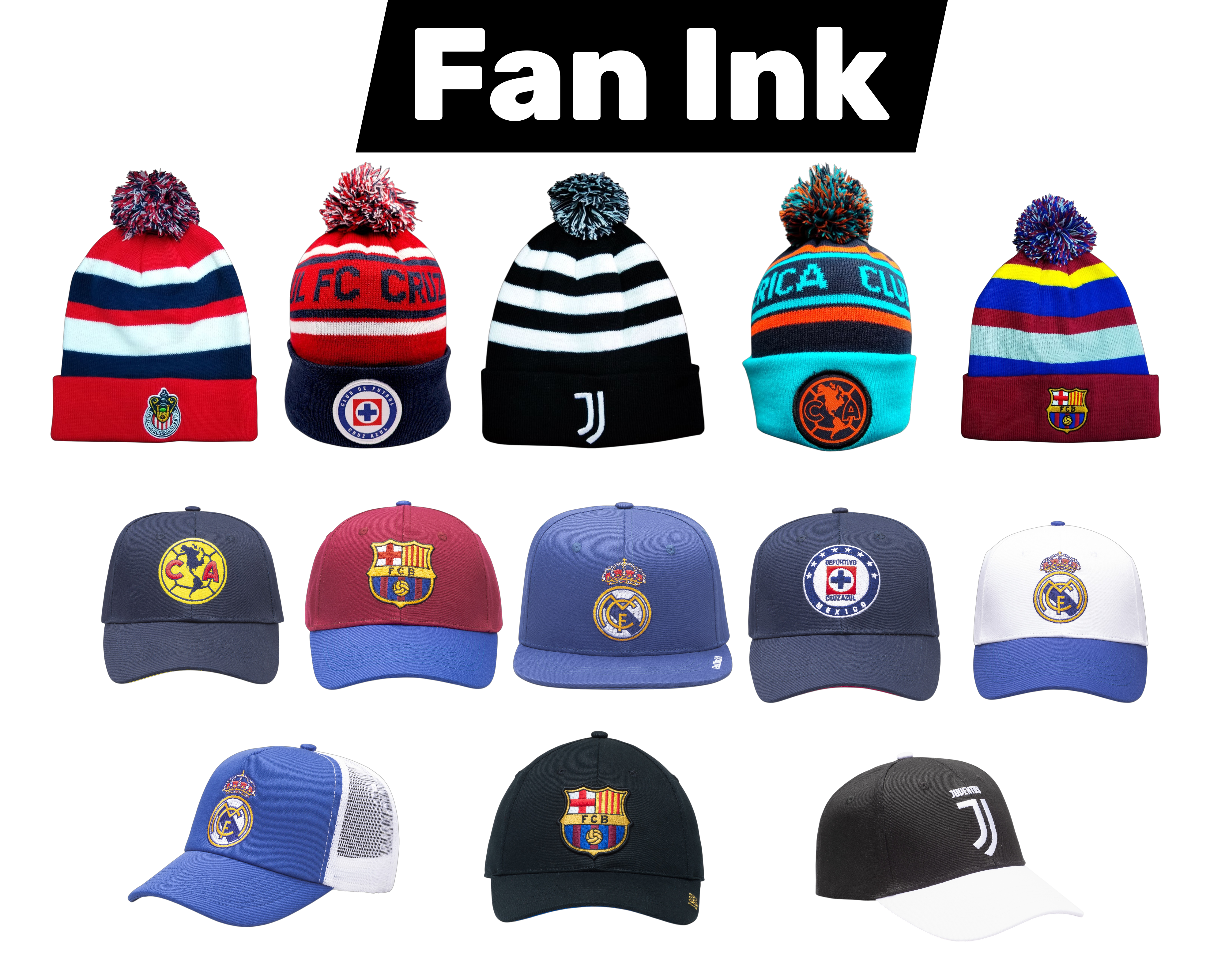 Collection of beanies and caps with various logos, featuring the brand 'Fan Ink'.
