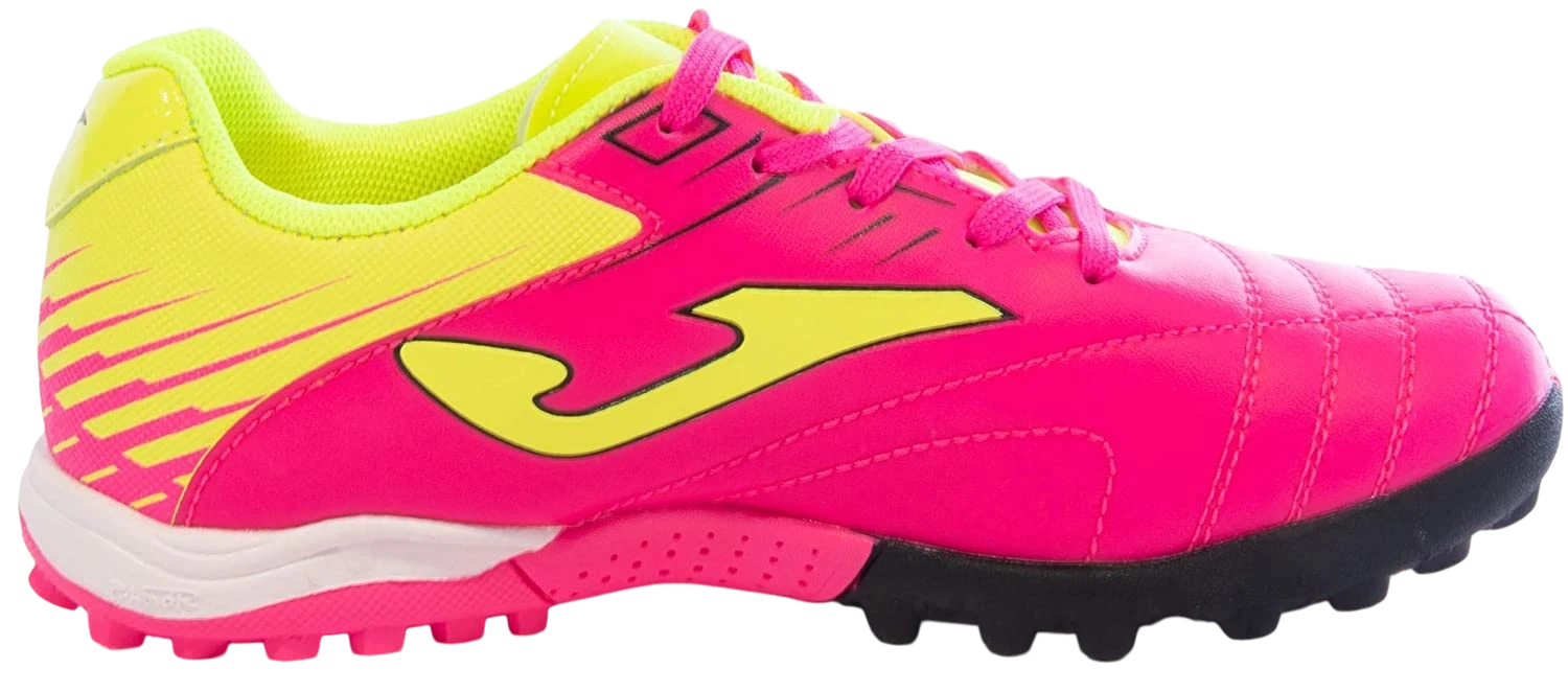Joma Toledo Junior Kids Turf Soccer Shoes in bright pink and yellow with turf-specific outsole