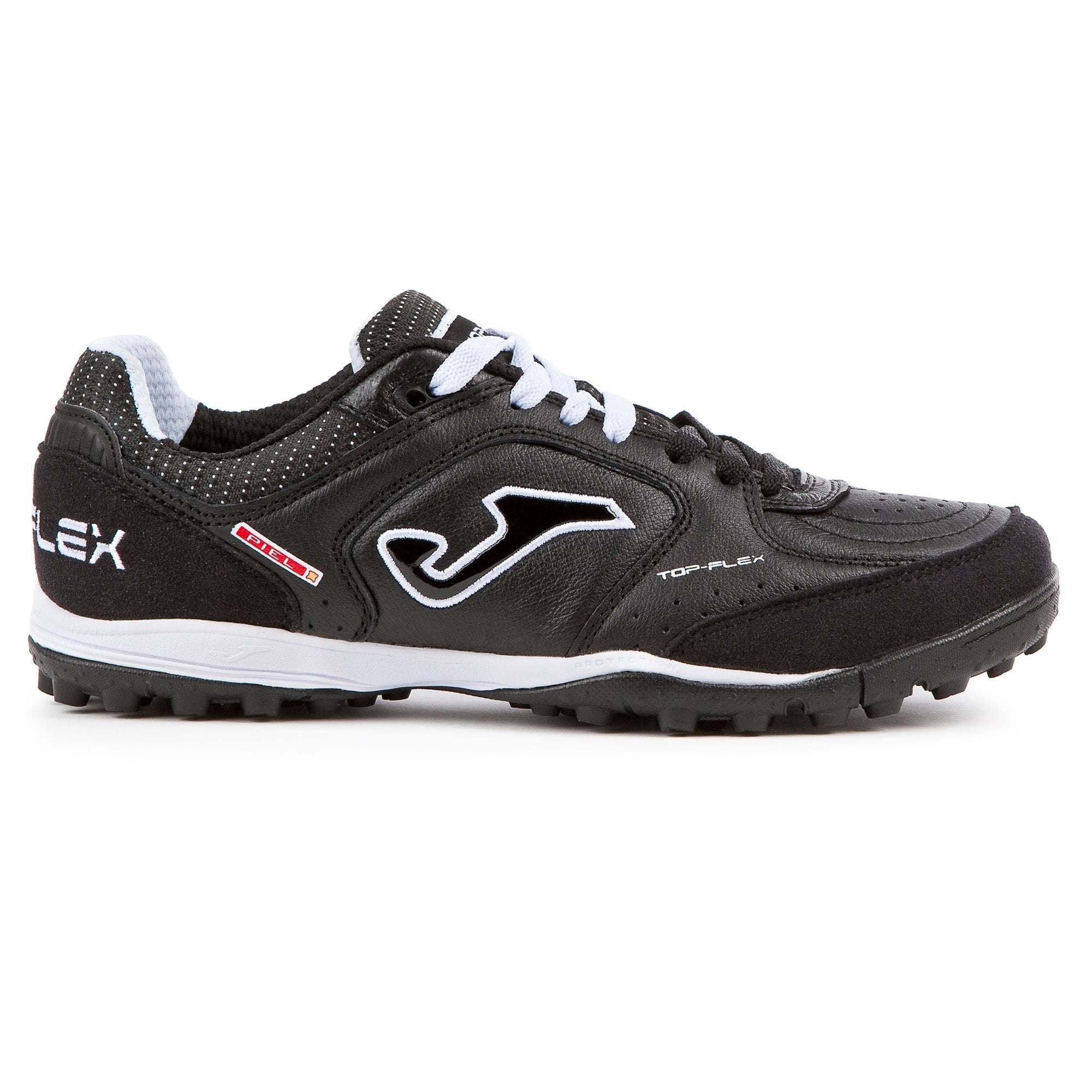 Joma Top Flex Turf Soccer Shoe in black with white details, professional full grain leather design.